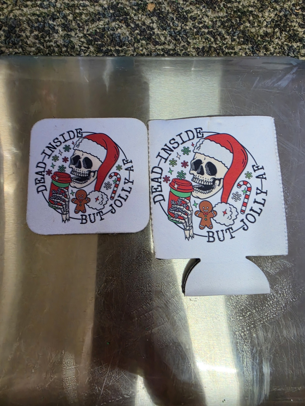 Dead Inside But Jolly AF White Holiday Can Cooler - Skull Santa Design